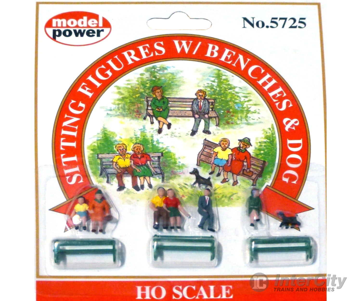 Model Power HO 5725 Passengers pkg(6) - Sitting w/Benches & Dog Figures