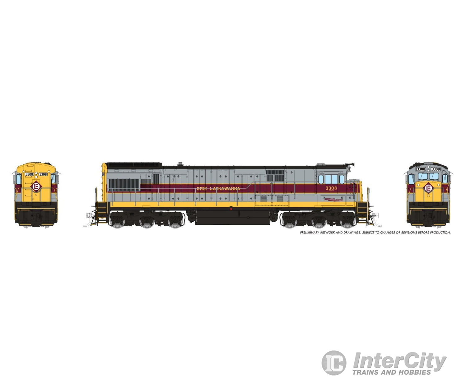 Rapido 043007 HO GE U33C (DC/Silent): Erie Lackawanna - Grey & Maroon: #3308 Locomotives