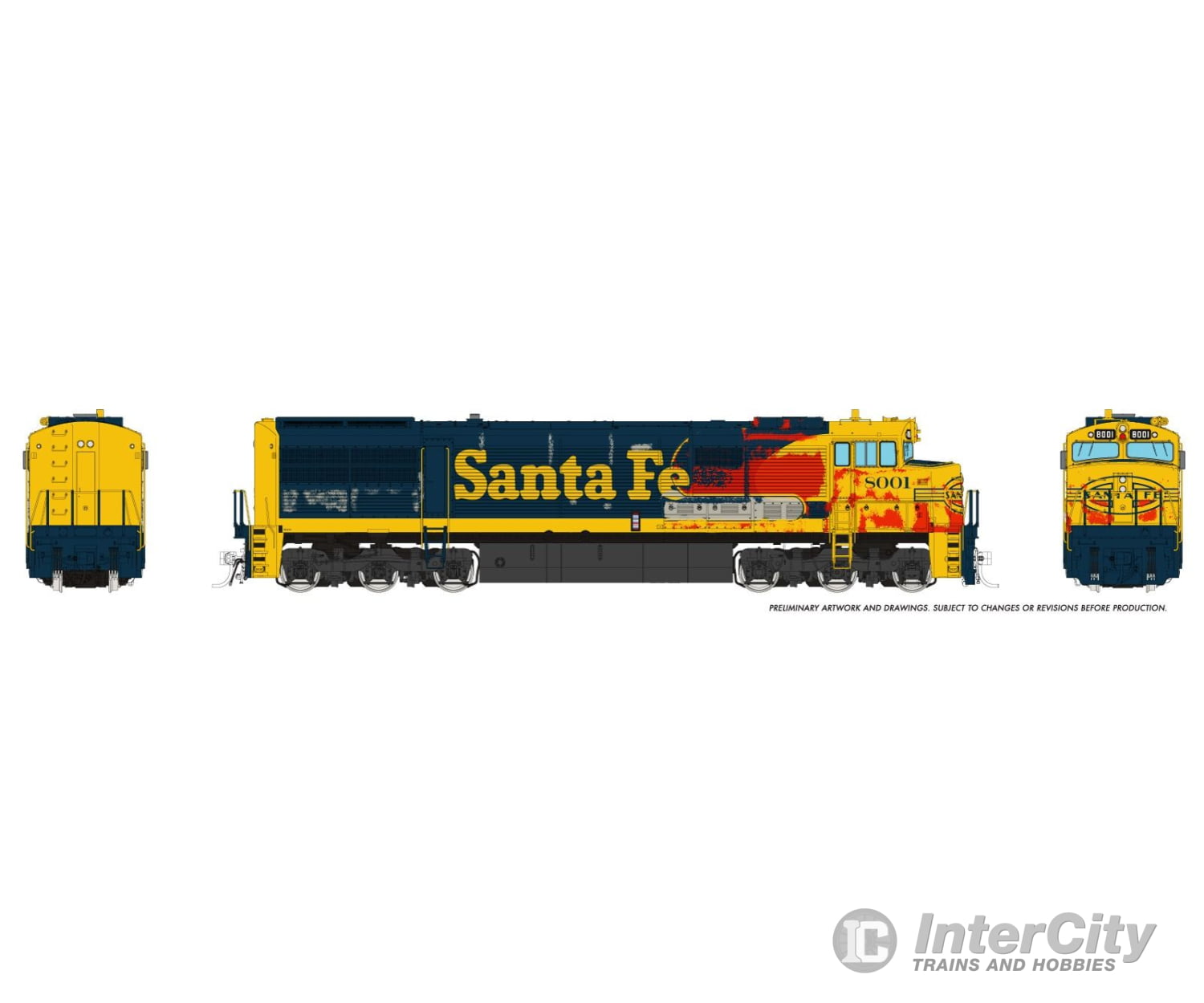 Rapido 055515 HO GE U30CG w/o SG (DC/DCC/Sound): Santa Fe - Yellow Warbonnet Weathered: #8001 Locomotives