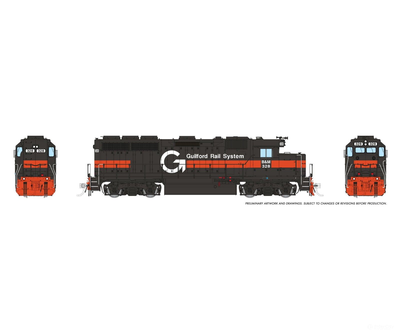 Rapido 1078013 HO EMD GP40 (DC/Silent): Guilford - Gray & Orange B&M Lettering: #328 - Locomotives