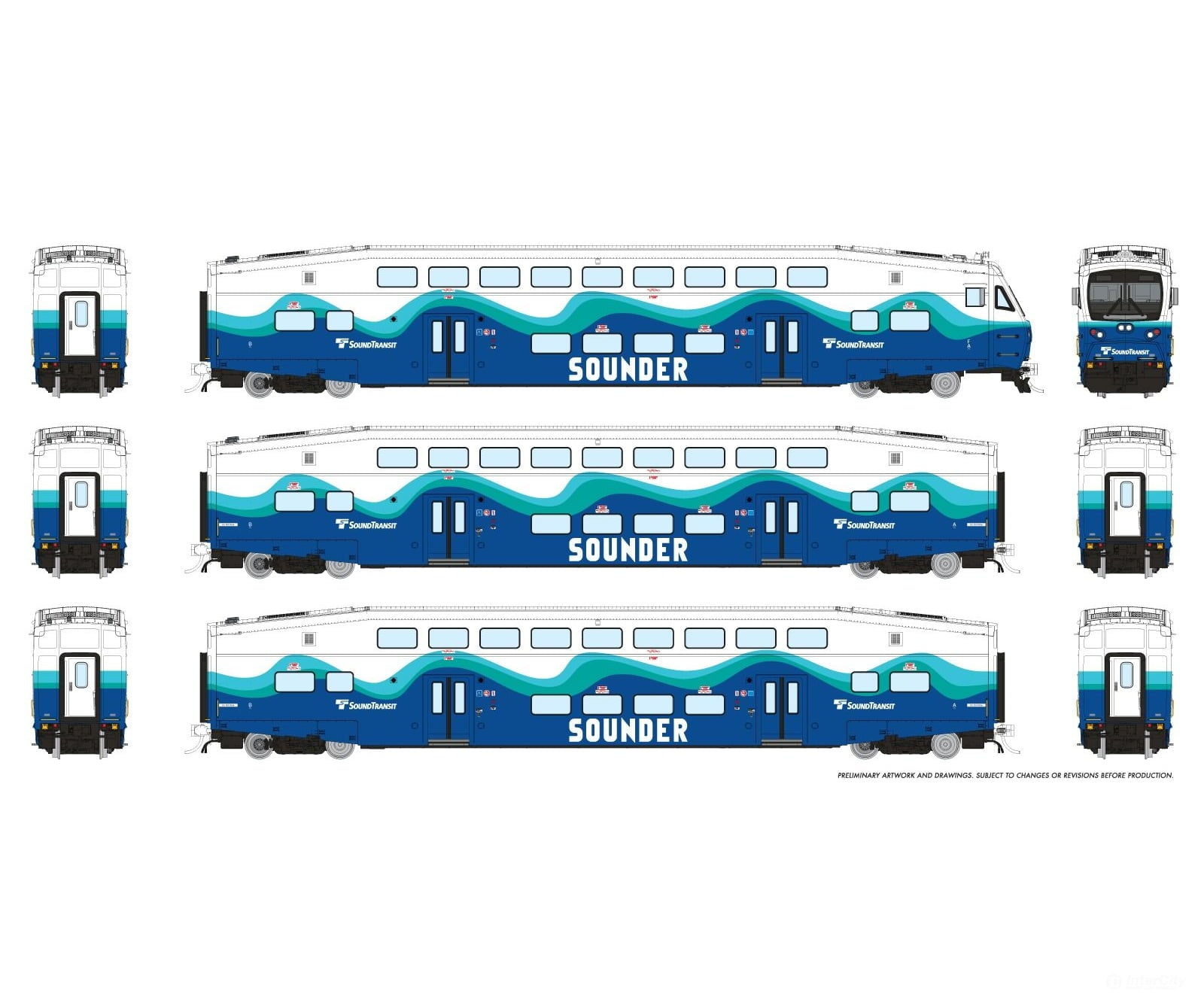 Rapido 1110051 HO CEM BiLevel Commuter Car: Sounder: Set #2 (Cab: 330 Coaches: 424 427) Passenger Cars
