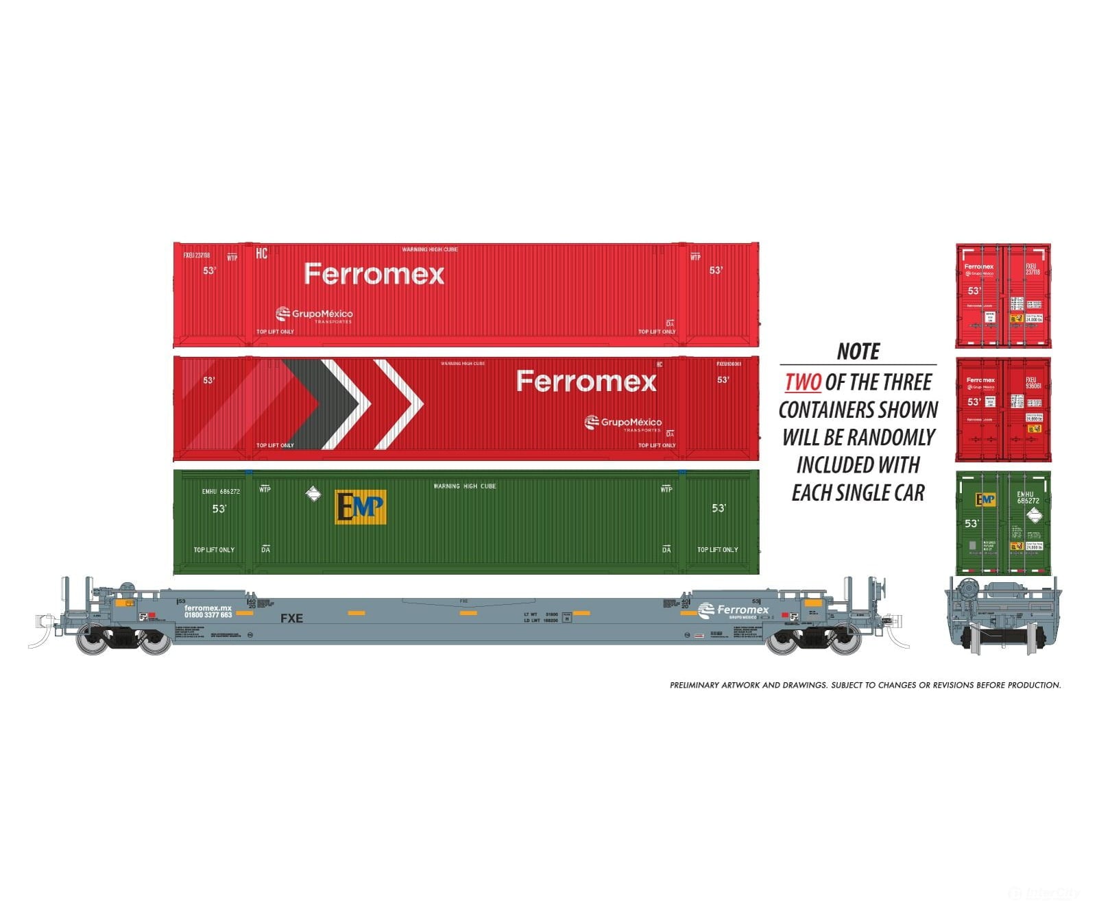 Rapido 1132005 HO 53’ Husky-Stack well car + containers: Ferromex: 3-Pack #2 - Freight Cars