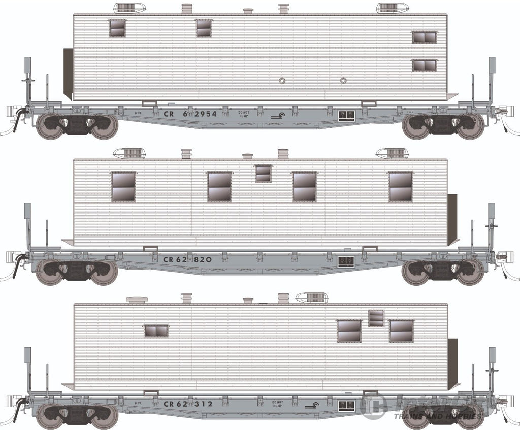 Rapido 138106 HO F30A 50’ Flat Car w/Camp Van: CR - MOW: 3-Pack #2 Freight Cars