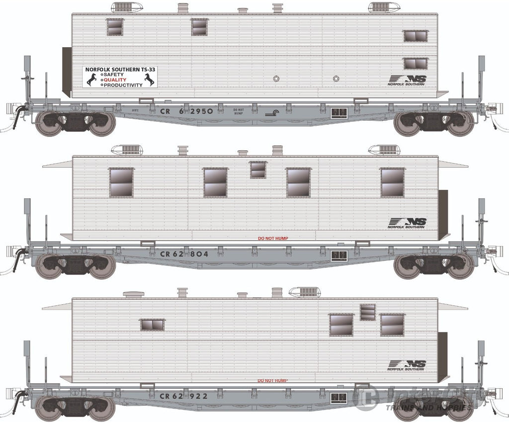 Rapido 138109 HO F30A 50’ Flat Car w/Camp Van: NS - MOW: 3-Pack #2 Freight Cars