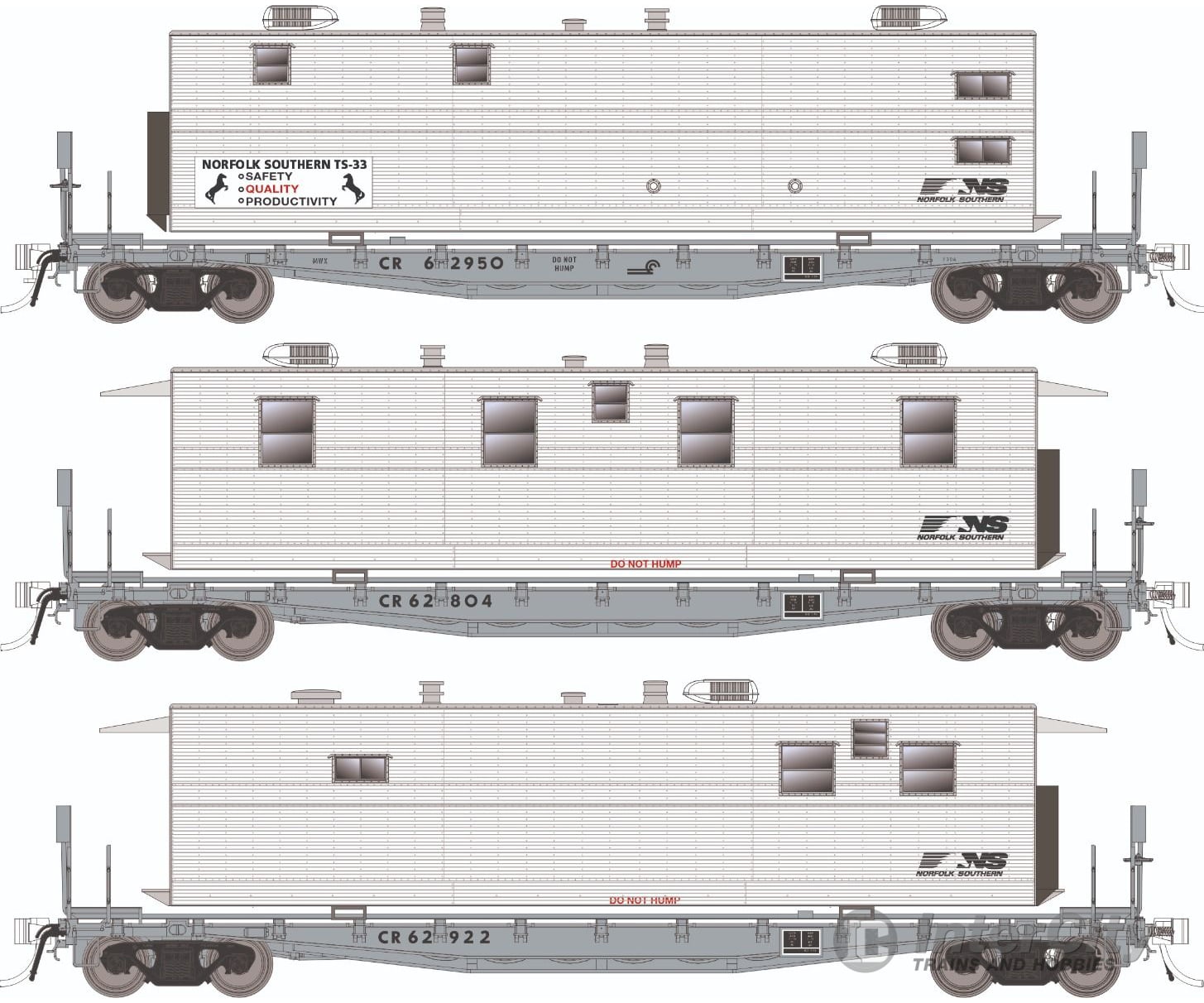 Rapido 138109 HO F30A 50’ Flat Car w/Camp Van: NS - MOW: 3-Pack #2 Freight Cars
