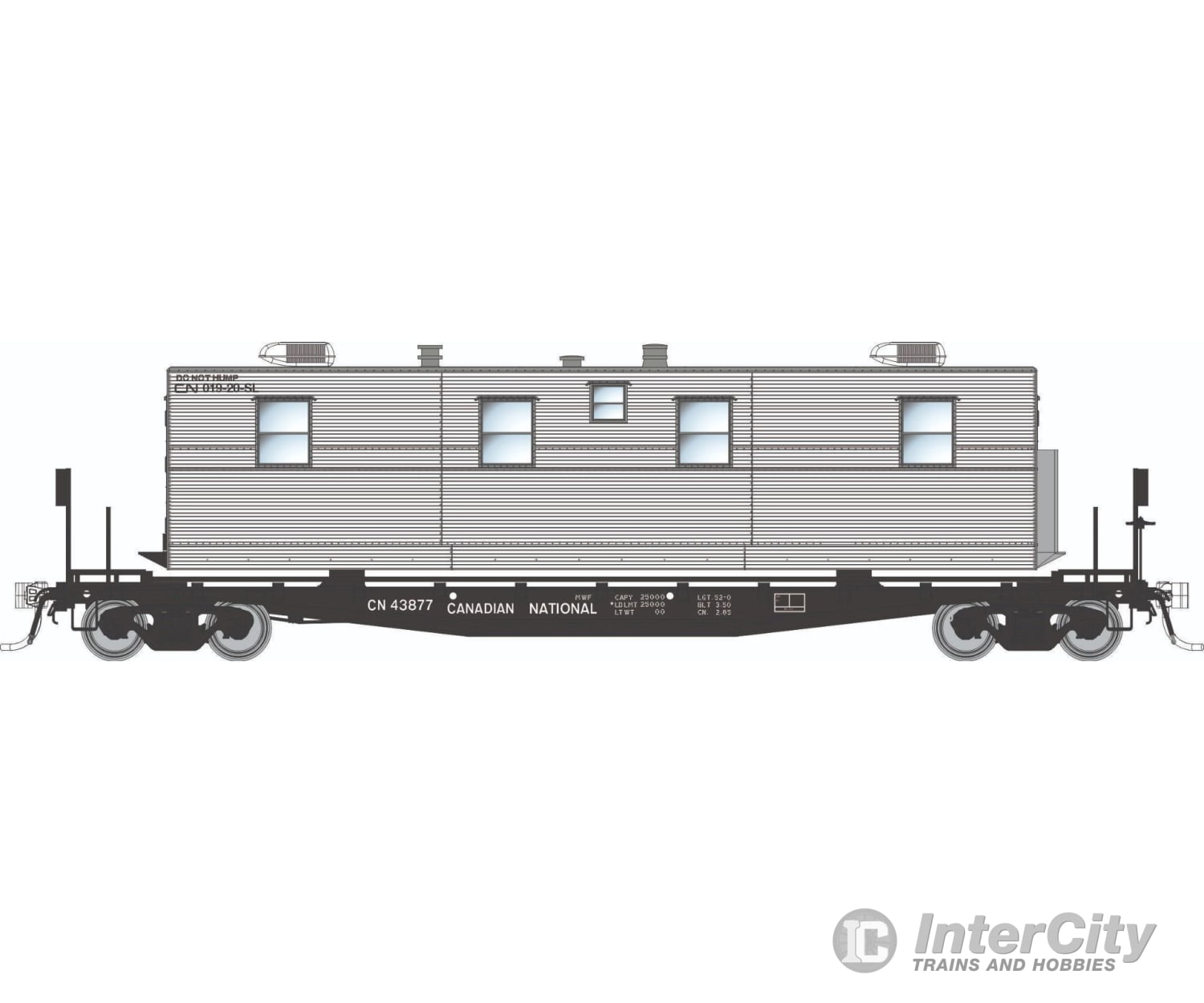 Rapido 138111 HO F30A 50’ Flat Car w/Camp Van: CN - MOW: 3-Pack Freight Cars