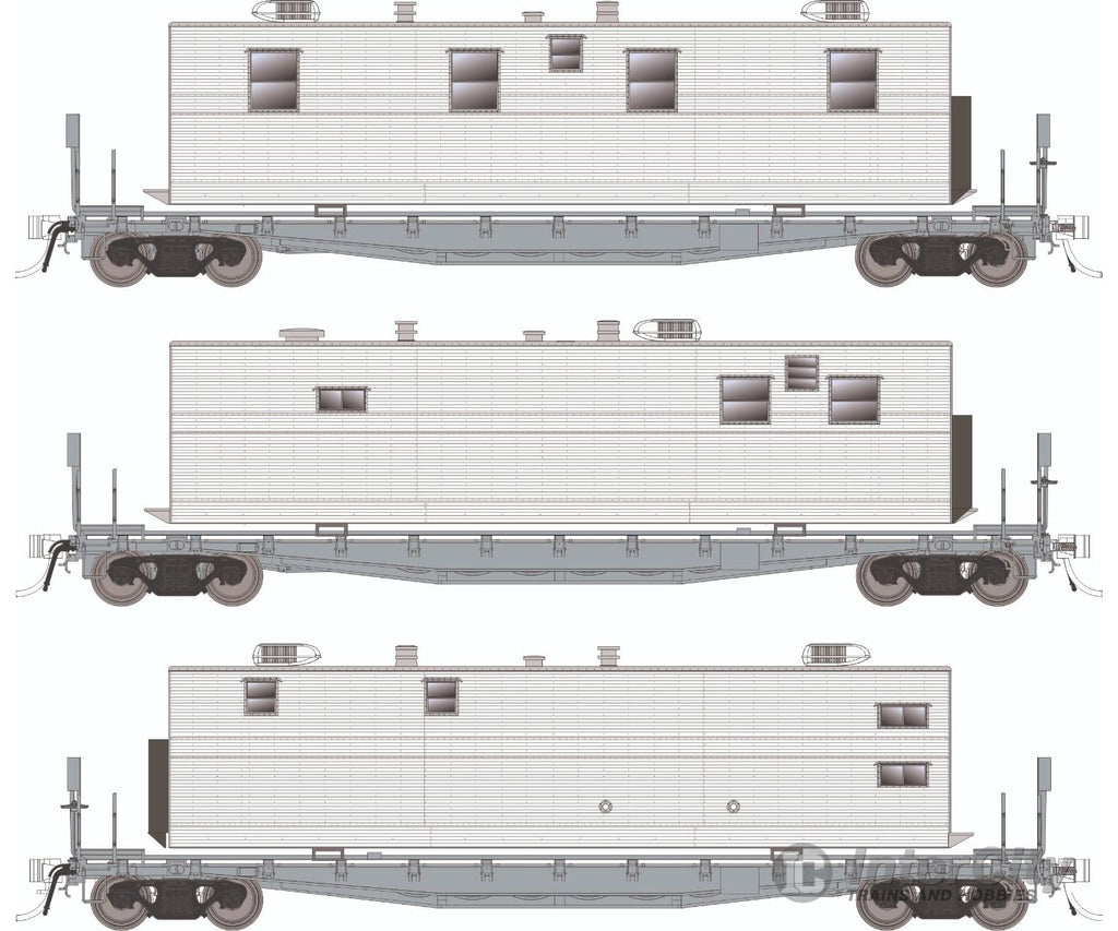 Rapido 138198 HO F30A 50’ Flat Car w/Camp Van: Painted Unlettered: 3-Pack Freight Cars