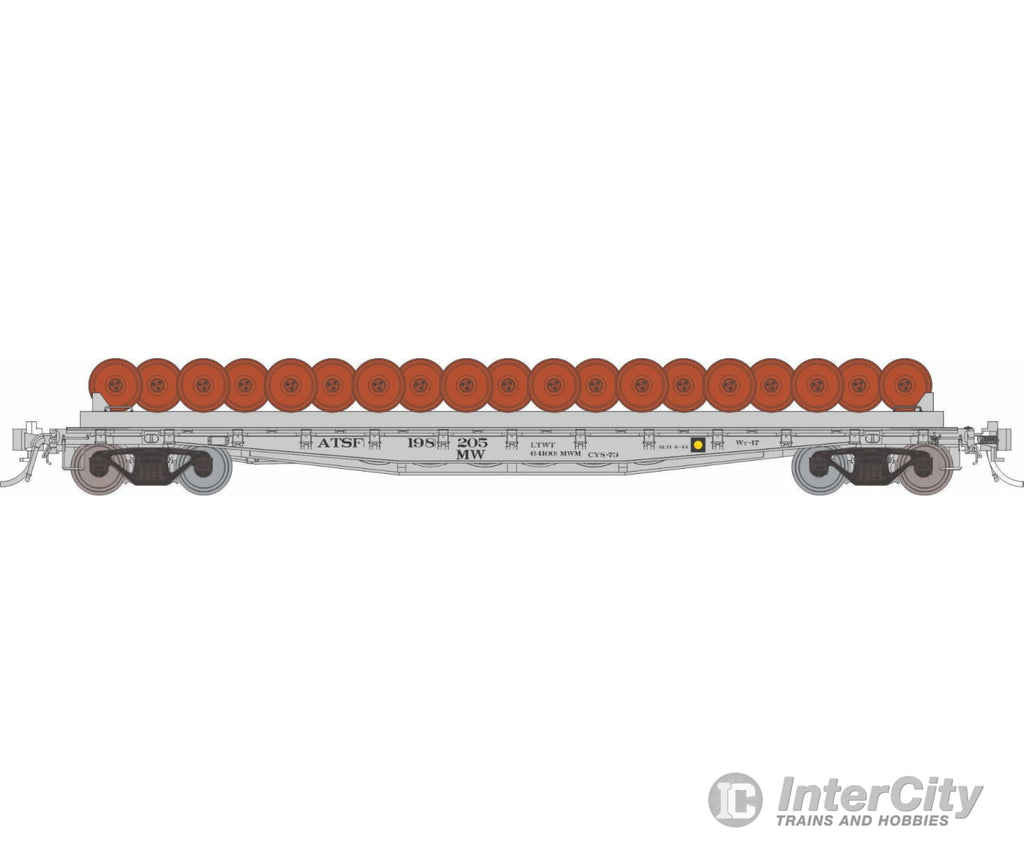 Rapido 138501 HO F30D 50’ Wheel Flat Car: ATSF - MOW: 3-Pack Freight Cars