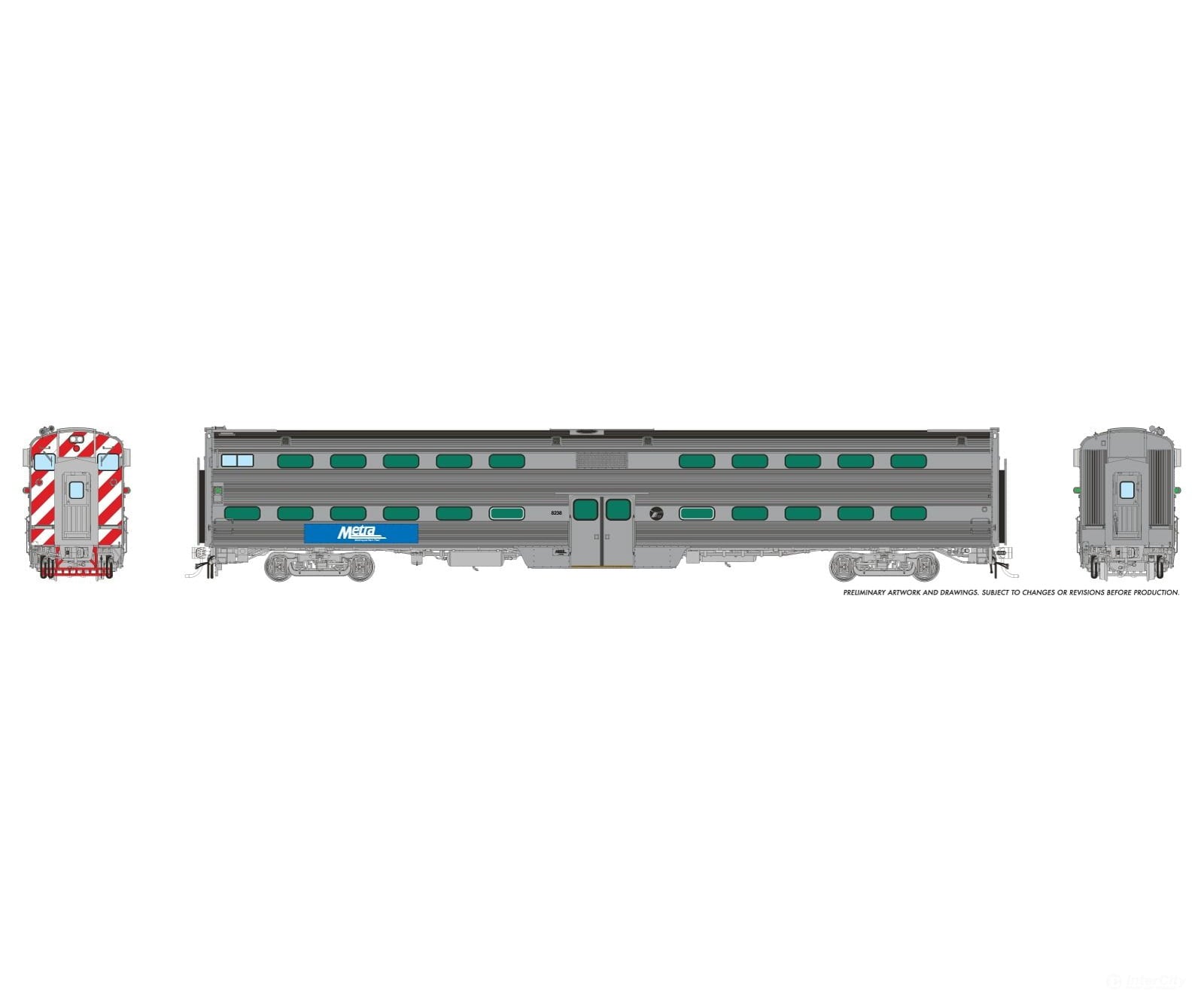 Rapido 145022 HO Gallery Commuter Car: Metra - Early Logo: Set #1 (Cab: 8238 Coaches: 7328 7365) Passenger Cars