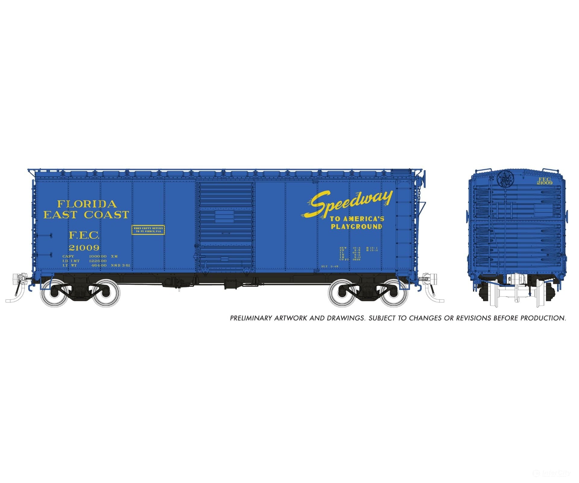 Rapido 181010A HO 1937 AAR 40’ Boxcar - Round corner: FEC - Blue Speedway Scheme: Single Car Freight Cars