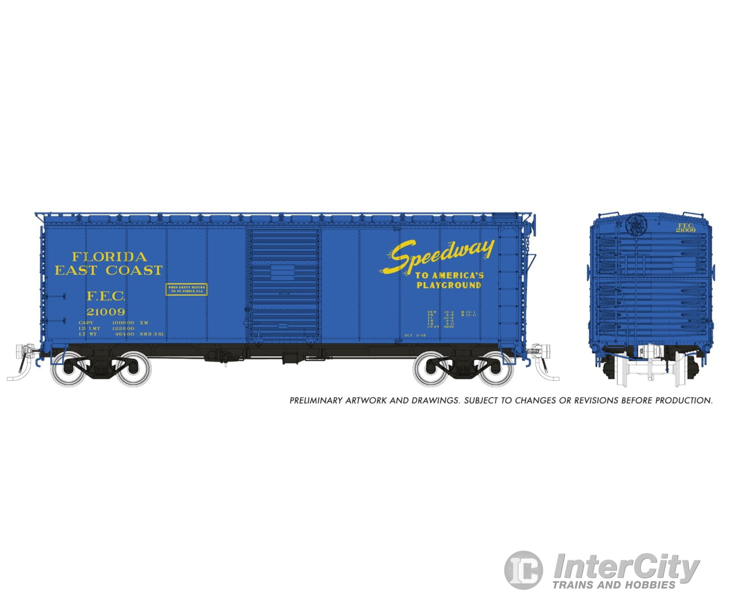 Rapido 181010A HO 1937 AAR 40’ Boxcar - Round corner: FEC - Blue Speedway Scheme: Single Car Freight Cars