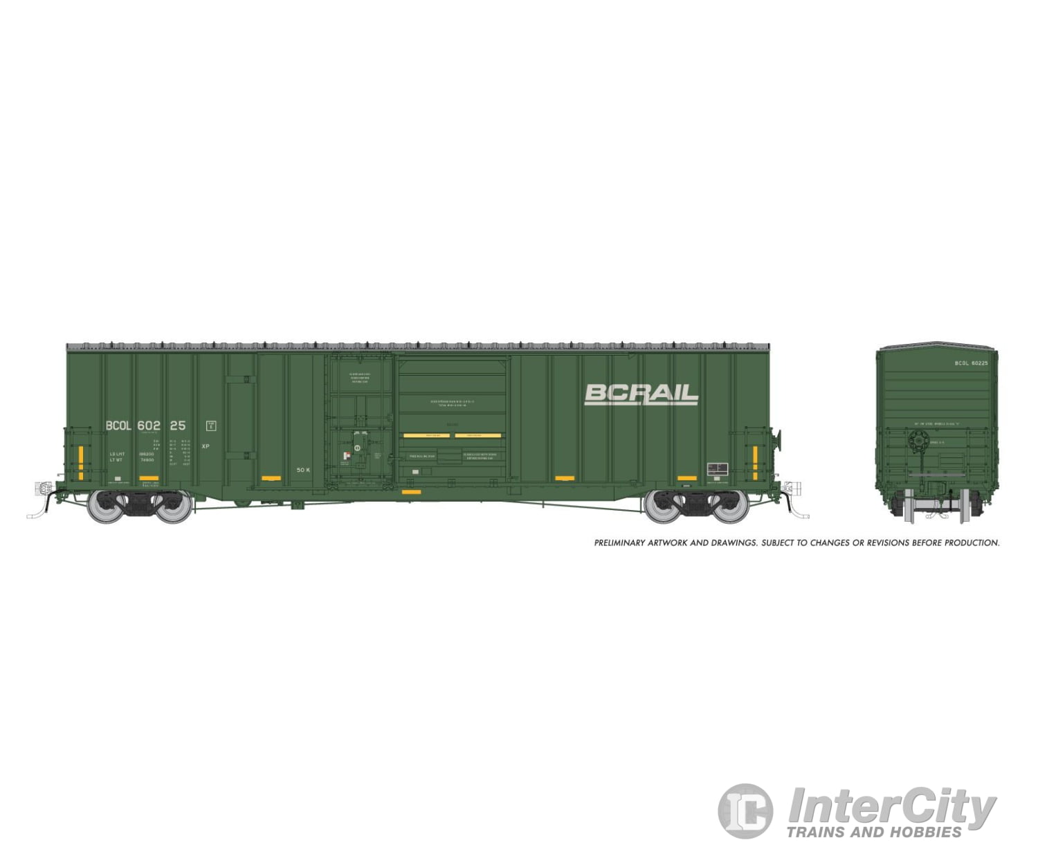 Rapido 191004A HO Trenton Works 6637cuft boxcar: BC Rail - faded w/conspicuity stripes faded: Single Car #2 Freight Cars