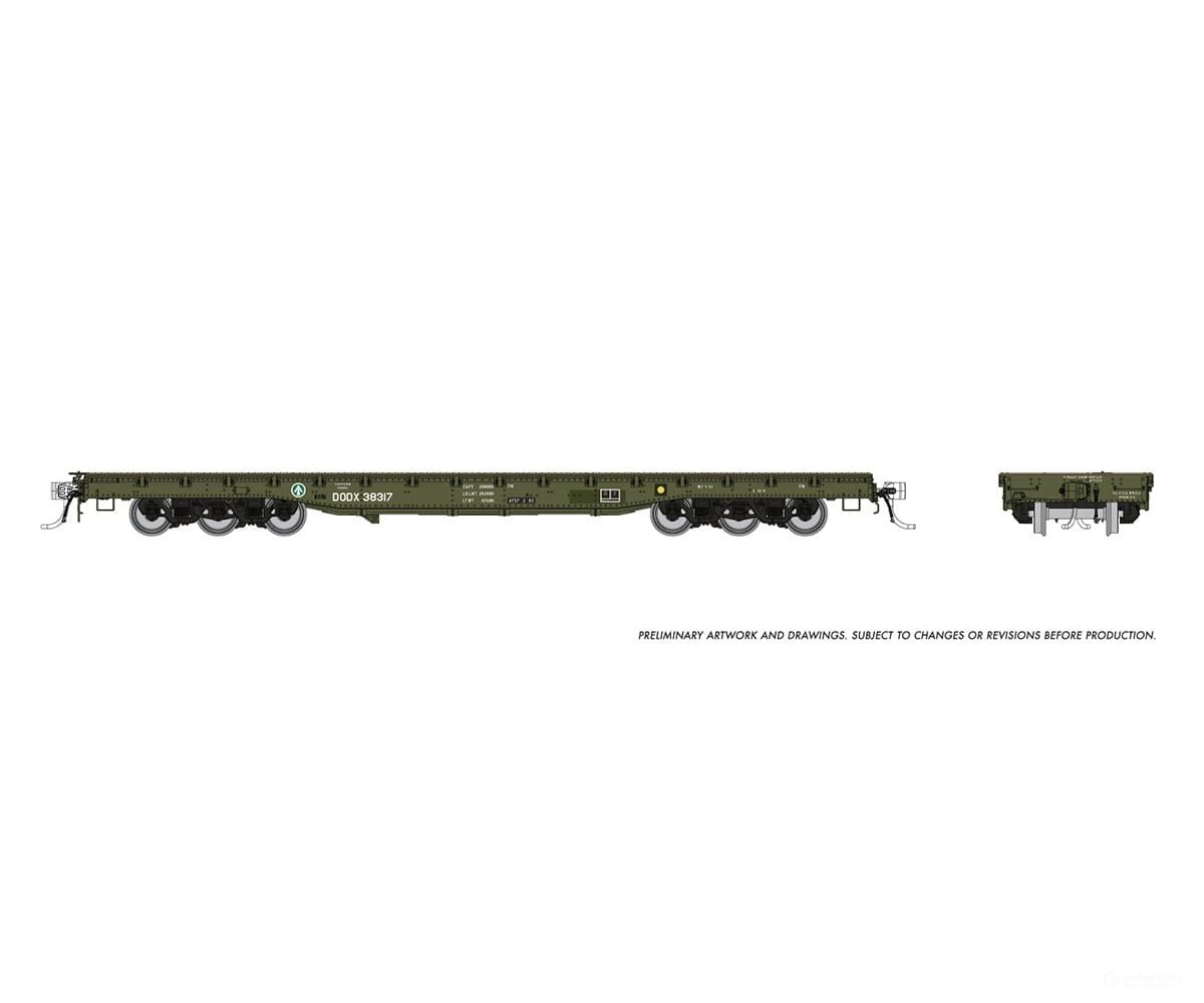Rapido 199004 Ho Magor 54’ Flatcar: Dodx - Late Scheme: 6-Pack Freight Cars
