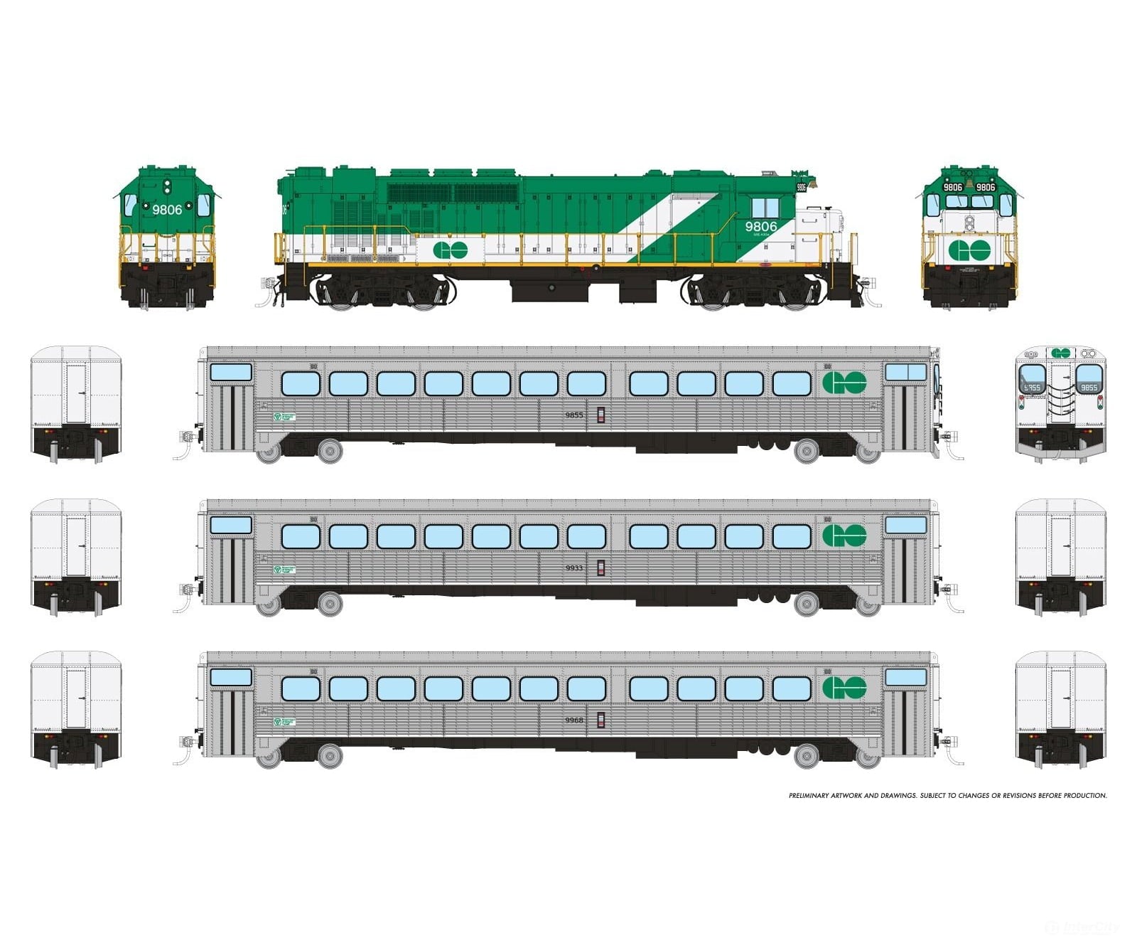Rapido 226004 HO GO Transit Set (DC/Silent): Early Green Set #2 (Loco: 9806 Cab: 9855 Coaches: 9933 9968) Locomotives
