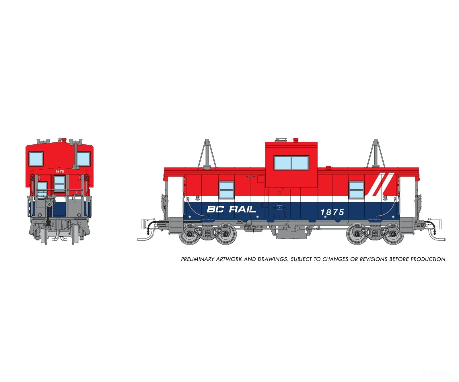 Rapido 510055 N Wide Vision Caboose: BC Rail - Red/Blue Hockey Scheme: #1875 Freight Cars