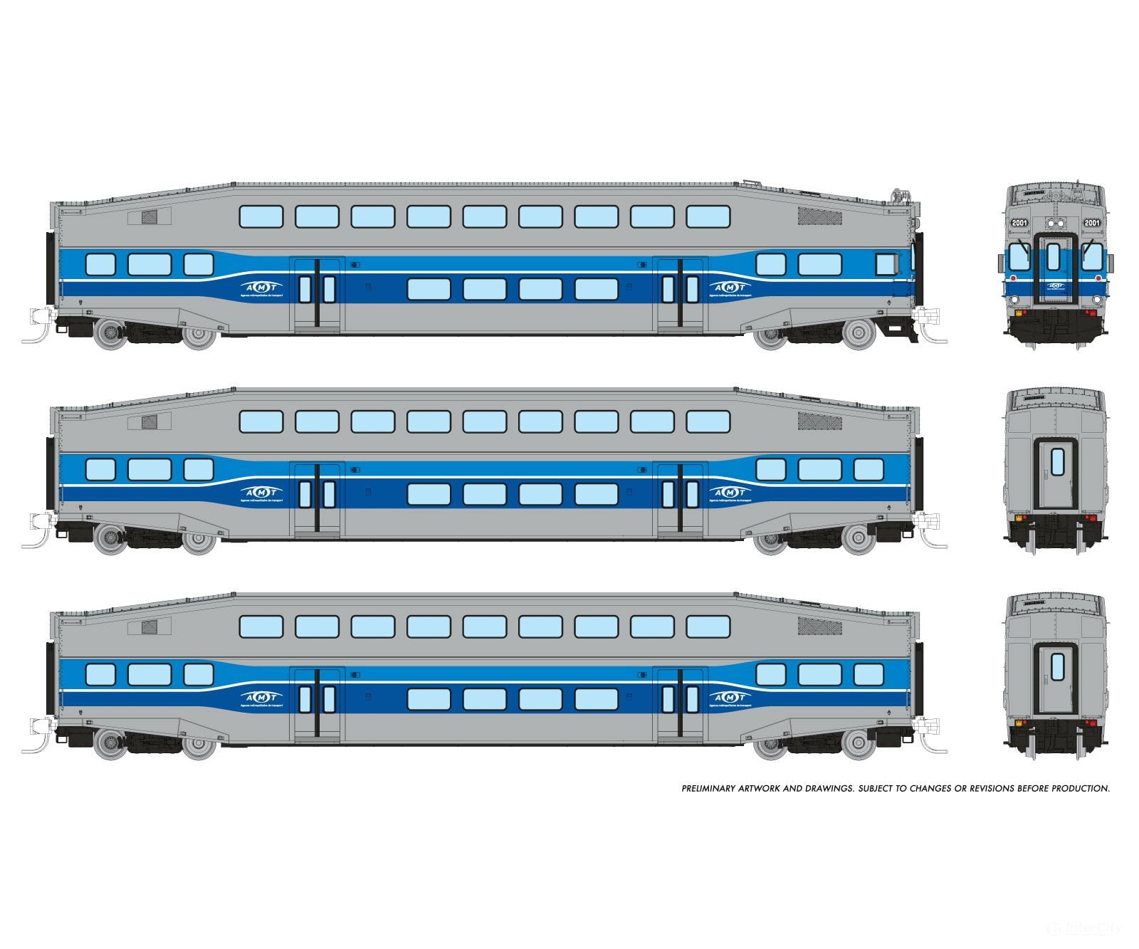 Rapido 546005 N Bilevel Commuter Car: Amt Montreal: Set #2 (Cab: 2003 Coaches: 2021 2035) Passenger