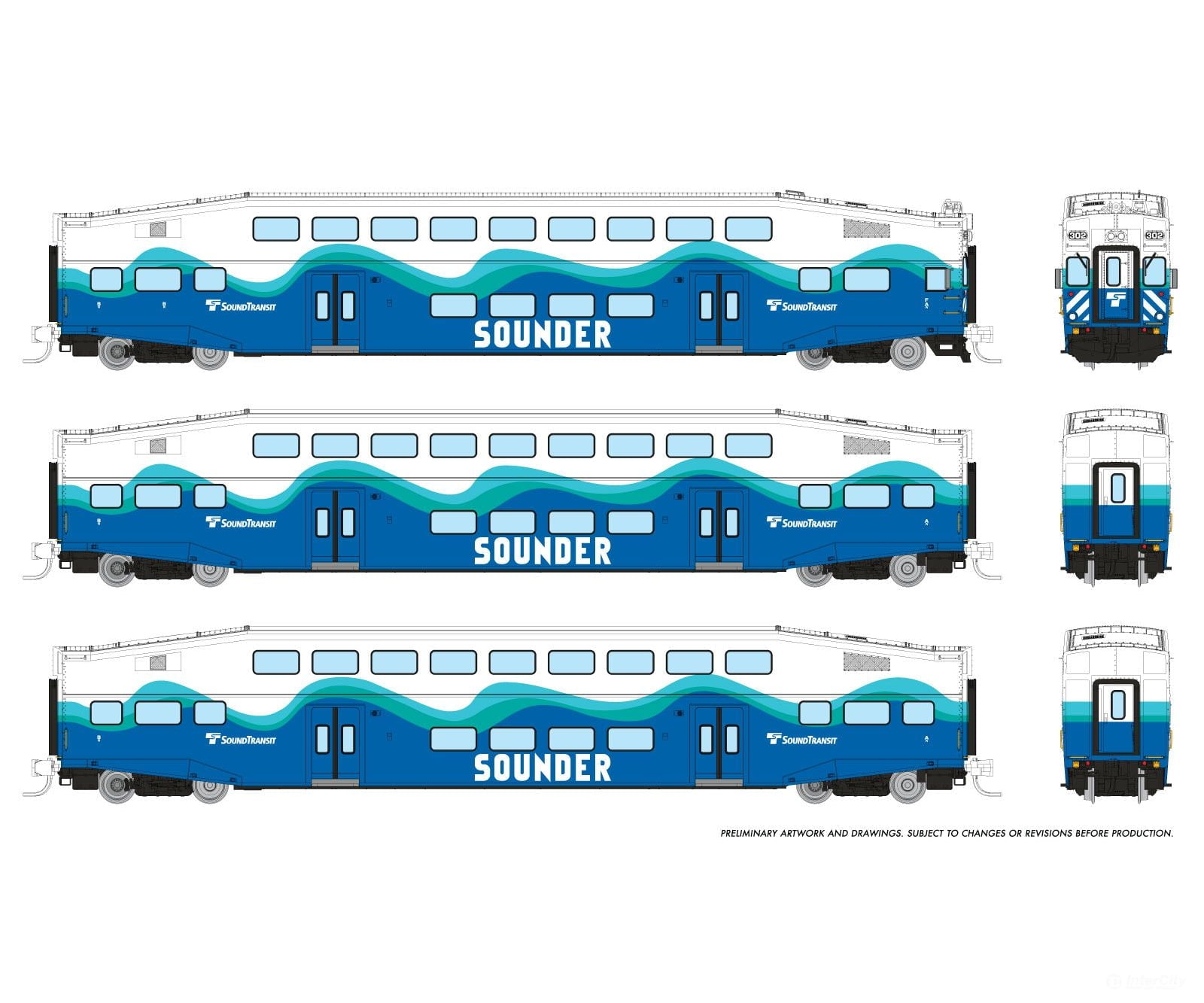 Rapido 546022 N Bilevel Commuter Car: Sounder: Set #1 (Cab: 302 Coaches: 404 410) Passenger Cars