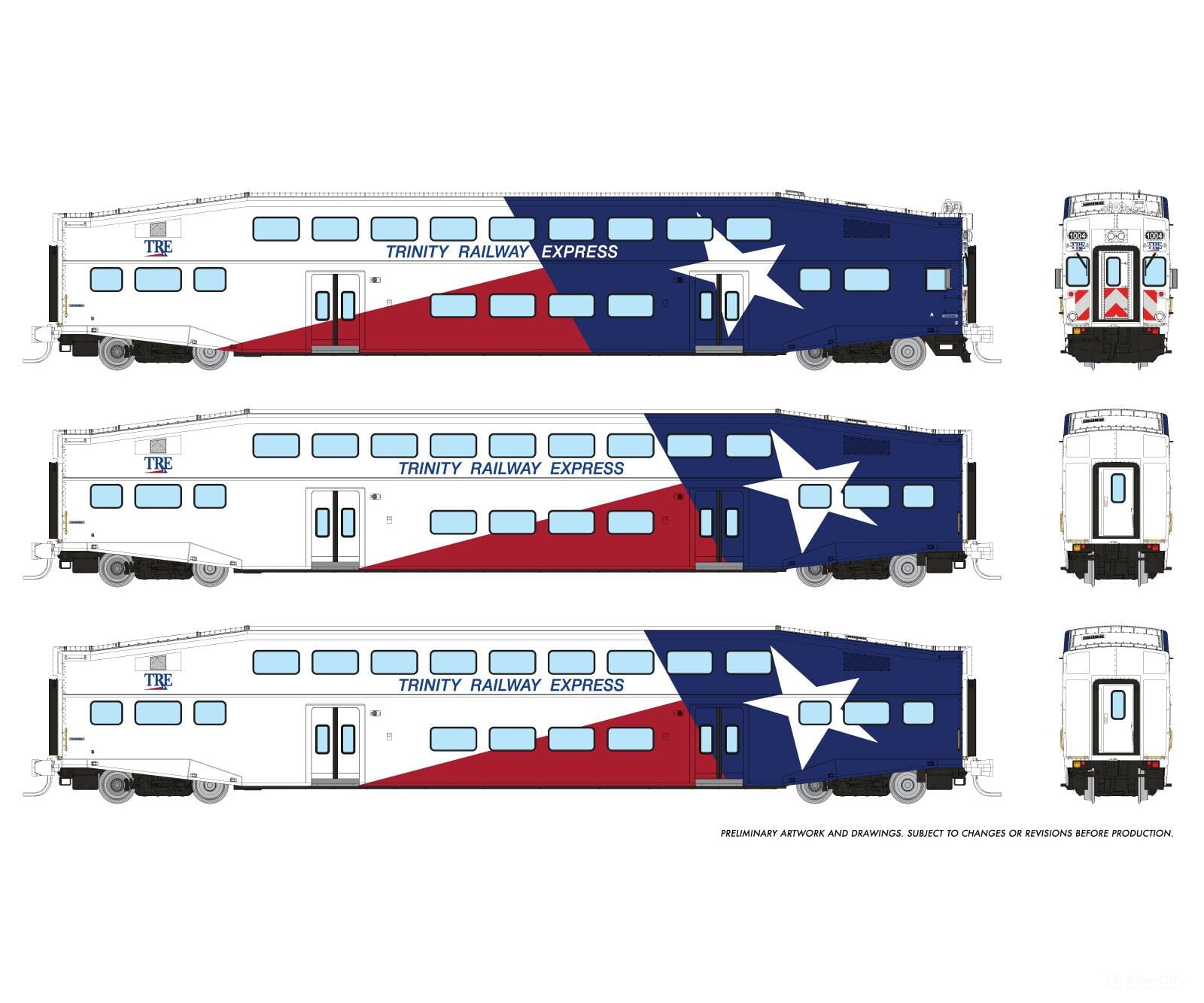 Rapido 546025 N Bilevel Commuter Car: Trinity Rail Express: Set #1 (Cab: 1004 Coaches: 1060 1063)