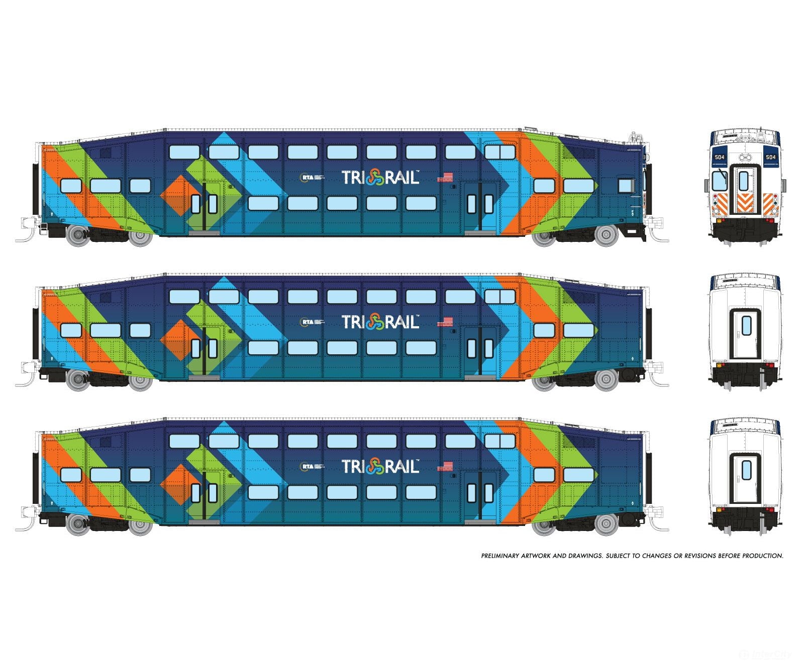 Rapido 546028 N Bilevel Commuter Car: Trirail - Dark Blue Scheme: Set #1 (Cab: 501 Coaches: 1004