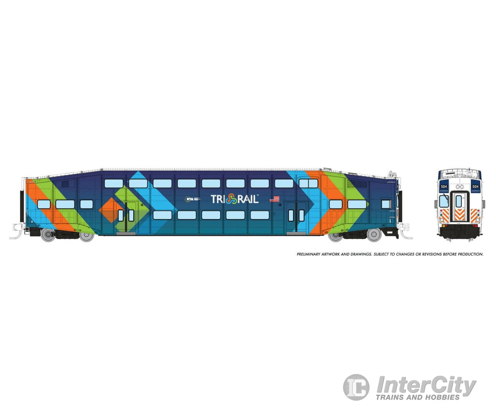 Rapido 546029 N Bilevel Commuter Car: Trirail - Dark Blue Scheme: Set #2 (Cab: 504 Coaches: 1007