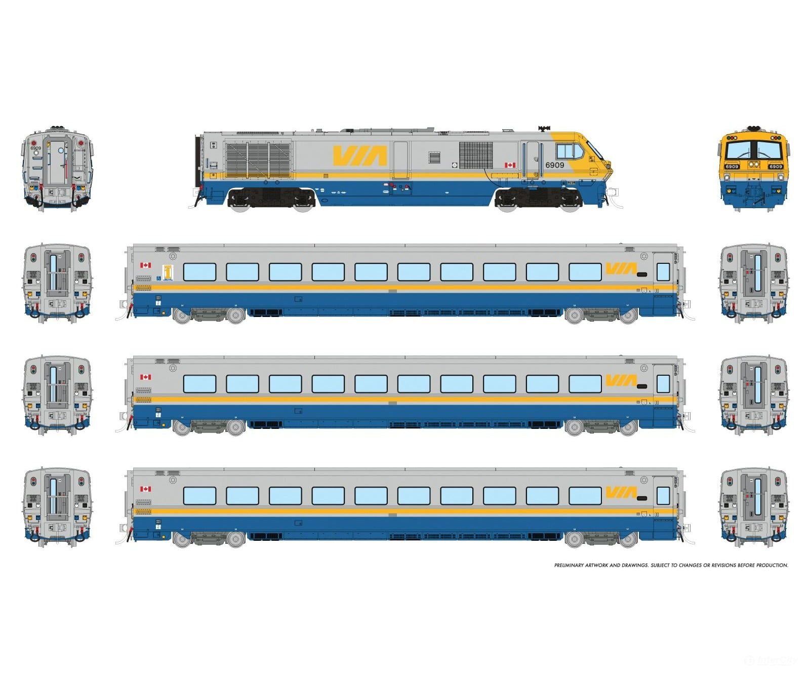Rapido 9113002 HO LRC Trainset (DC/Silent): VIA Rail: Set #2 (#6909 + 3470 3326 3350) Locomotives