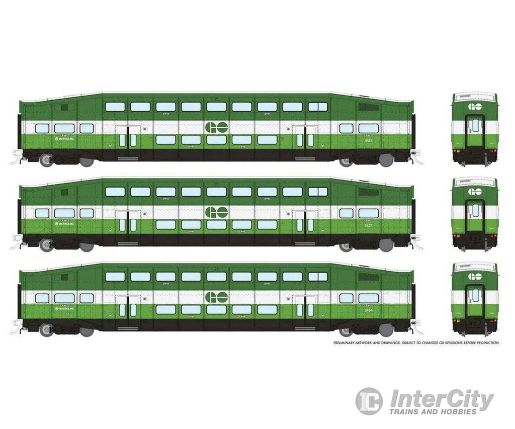 Rapido Ho 146042 Bi-Level Commuter 3-Coach Set - Ready To Run Go Transit/Metrolinx #3 #2413 2437