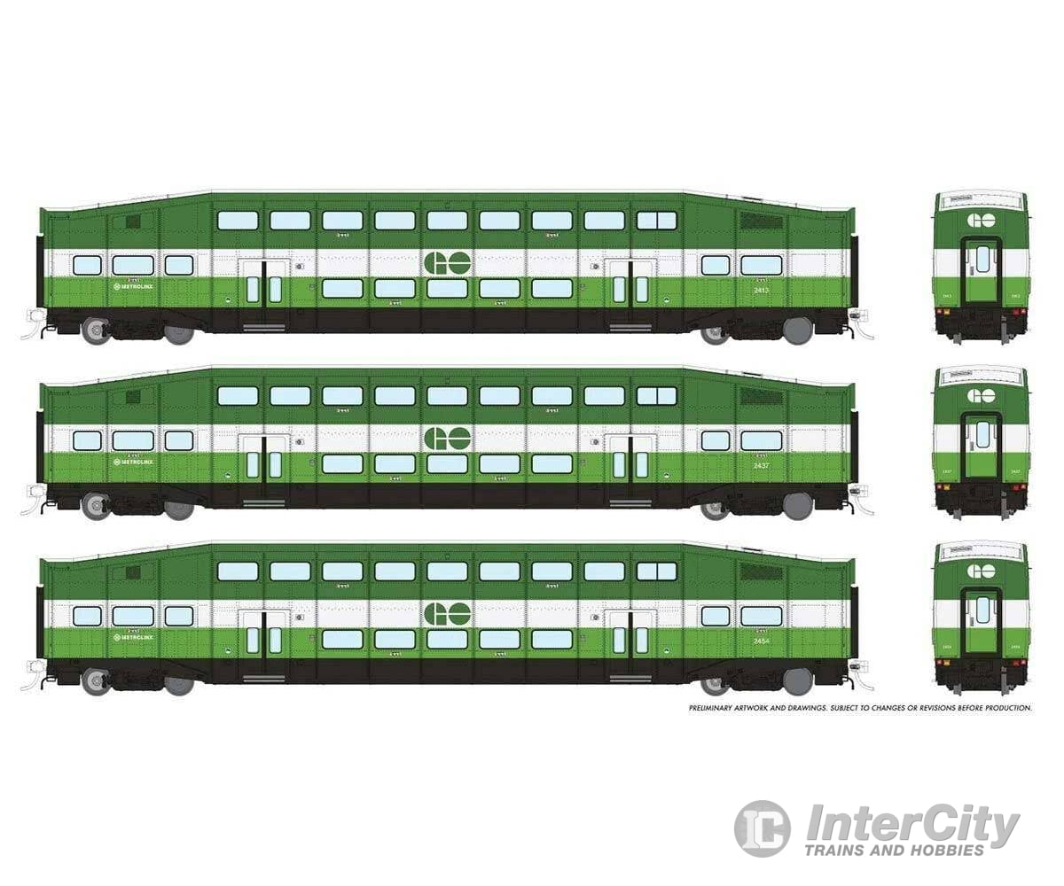 Rapido Ho 146042 Bi-Level Commuter 3-Coach Set - Ready To Run Go Transit/Metrolinx #3 #2413 2437