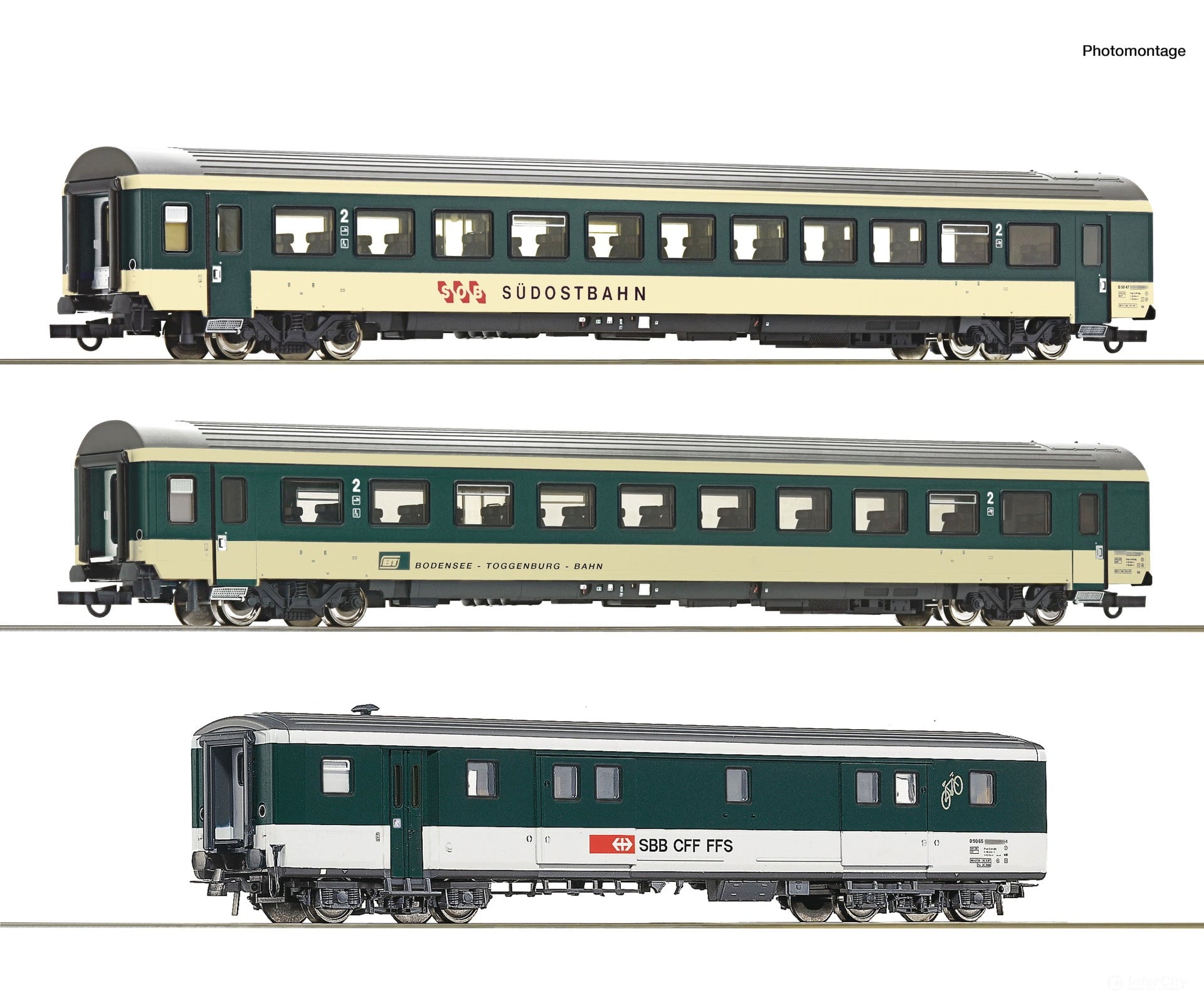 Roco 6200212 HO 3 piece set (1): ’Voralpen-Express’ passenger coaches SOB/BT/SBB European Passenger Cars