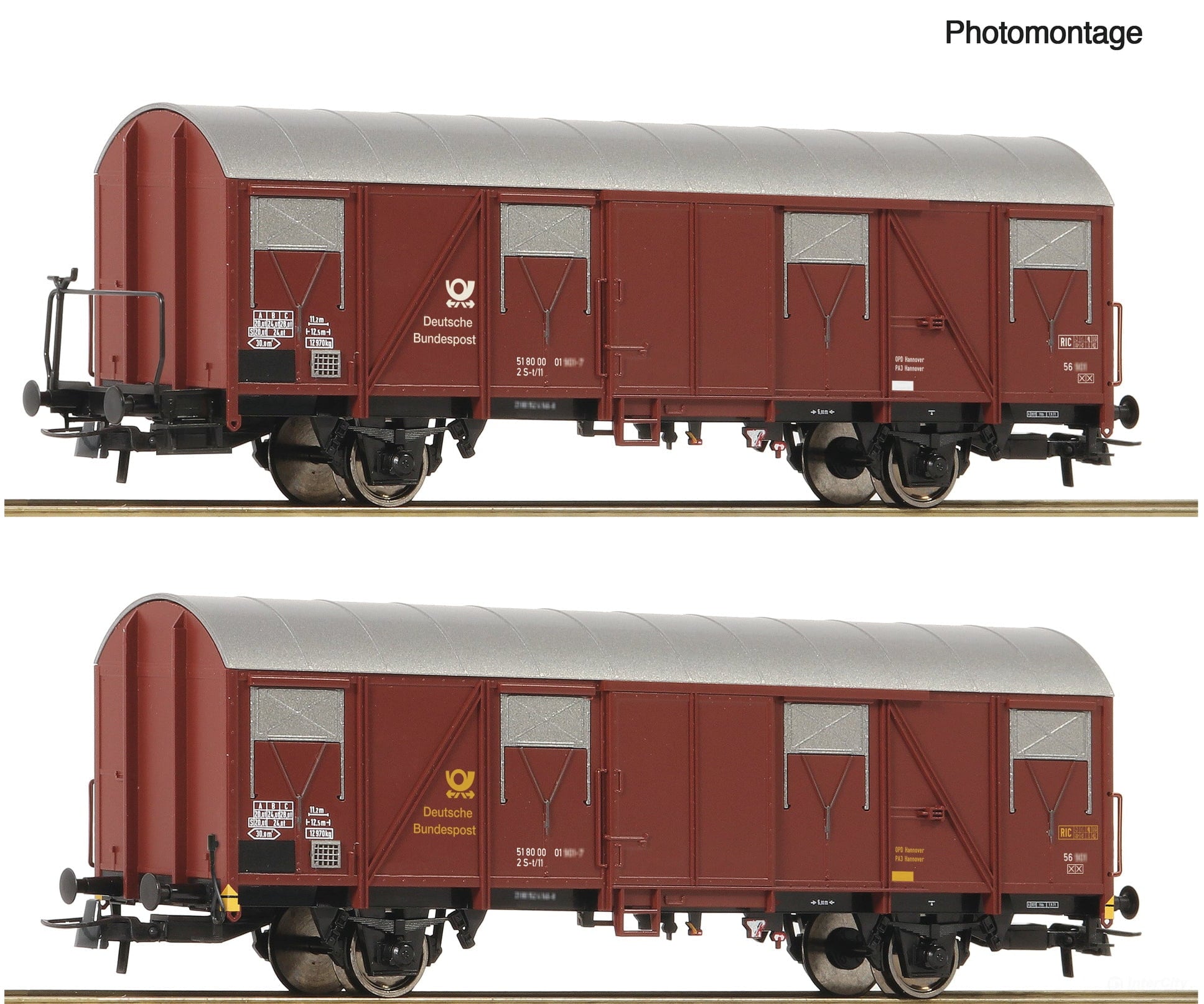 Roco 6600248 HO 2 piece set: Covered postal wagons DBP European Passenger Cars