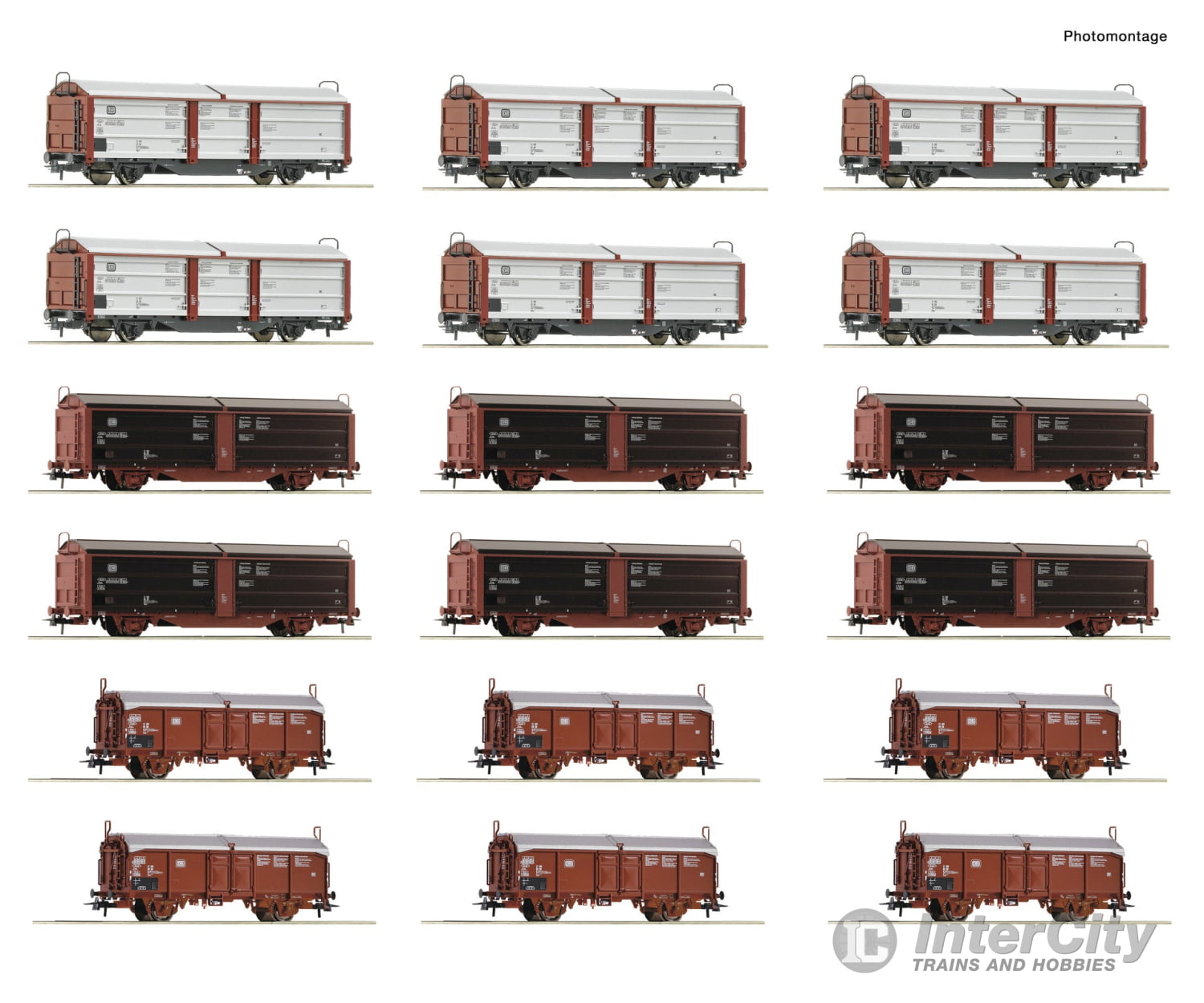 Roco 6600340 HO 18 piece display: Marshalling yard/sliding roof/sliding wall wagons DB European Freight Cars