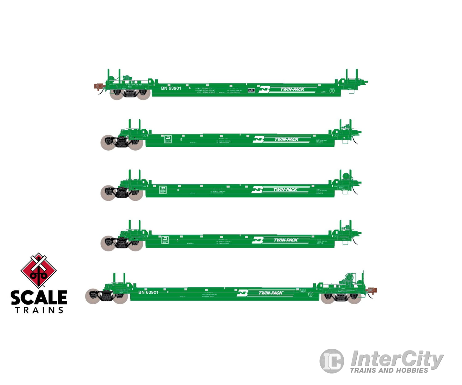 ScaleTrains SXT40086 Rivet Counter HO Scale Pullman-Standard Trinity Backpacker Well Car Set (5) Burlington