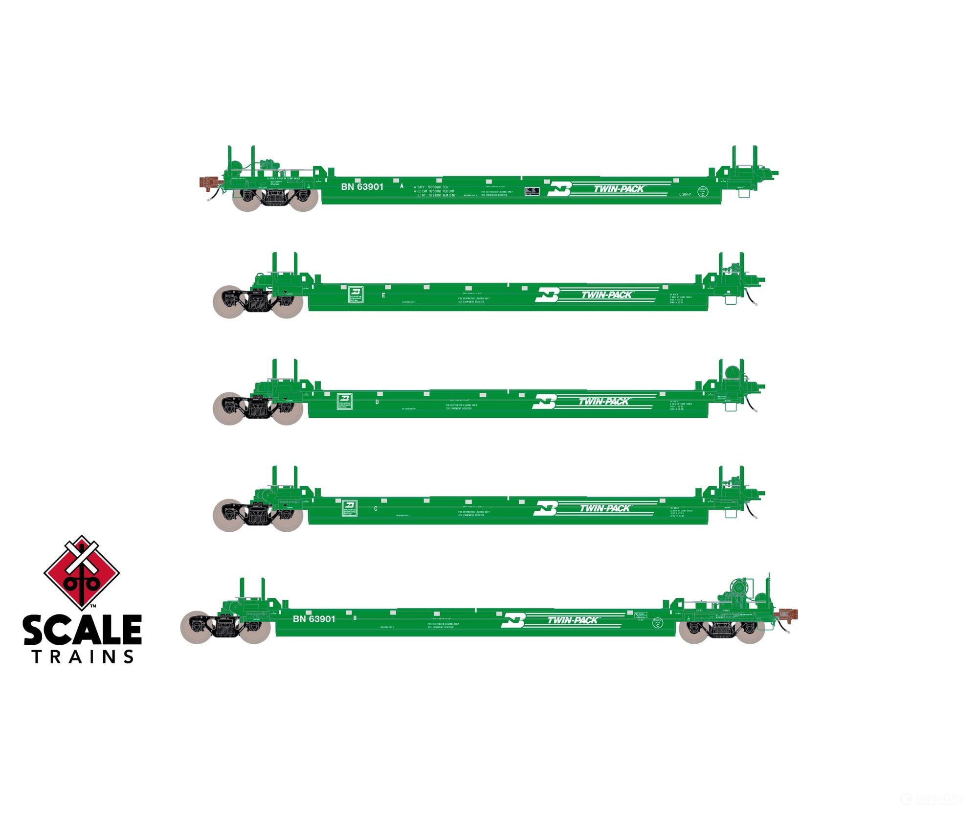 ScaleTrains SXT40087 Rivet Counter HO Scale Pullman-Standard Trinity Backpacker Well Car Set (5) Burlington