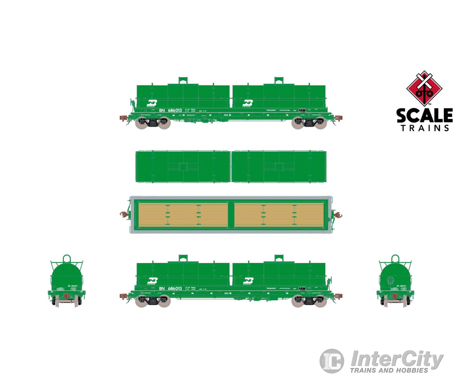 ScaleTrains SXT40266 Rivet Counter HO Scale Thrall 2-Hood Coil Steel Car Burlington Northern/Cascade Green 686005