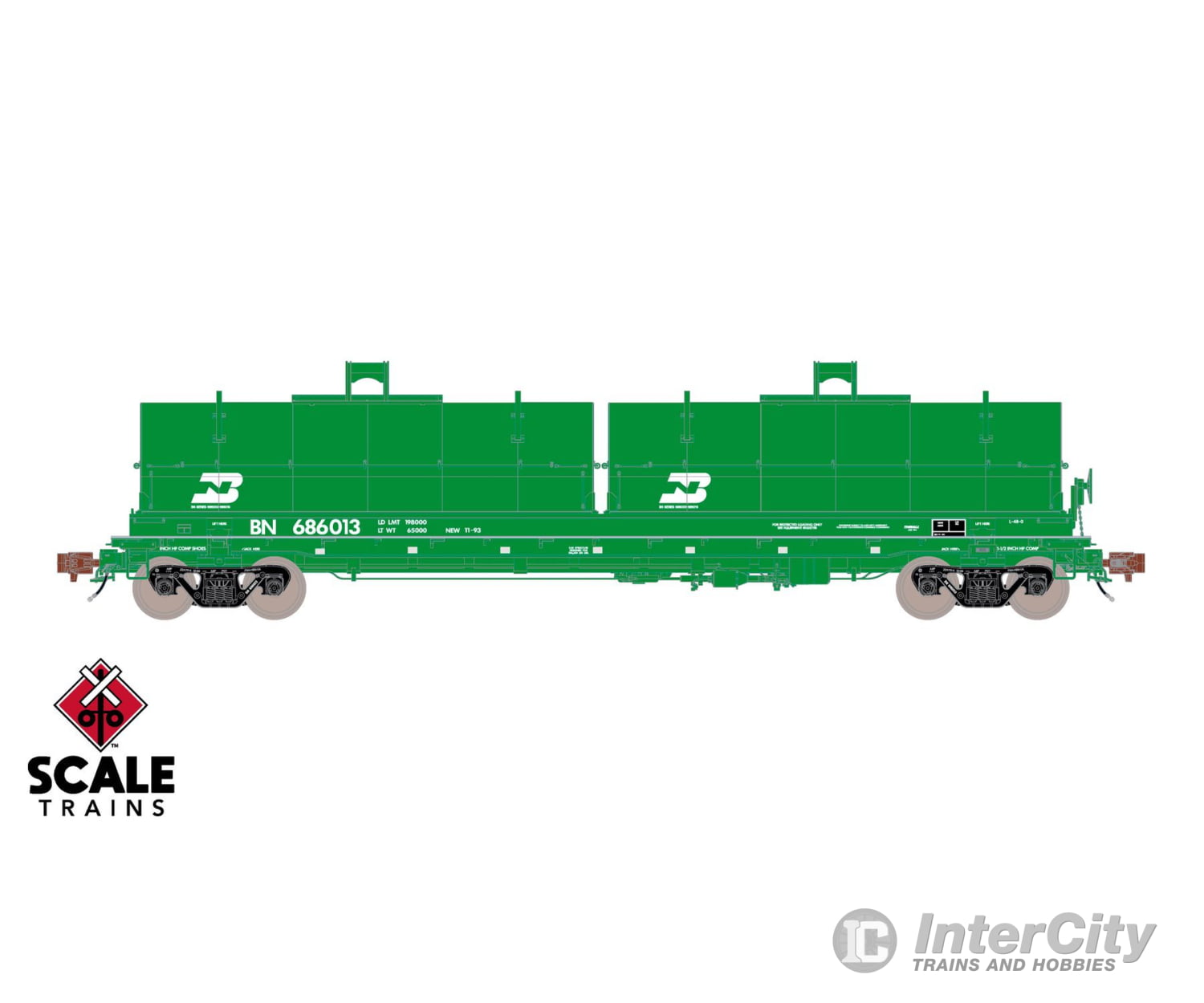 ScaleTrains SXT40266 Rivet Counter HO Scale Thrall 2-Hood Coil Steel Car Burlington Northern/Cascade Green 686005