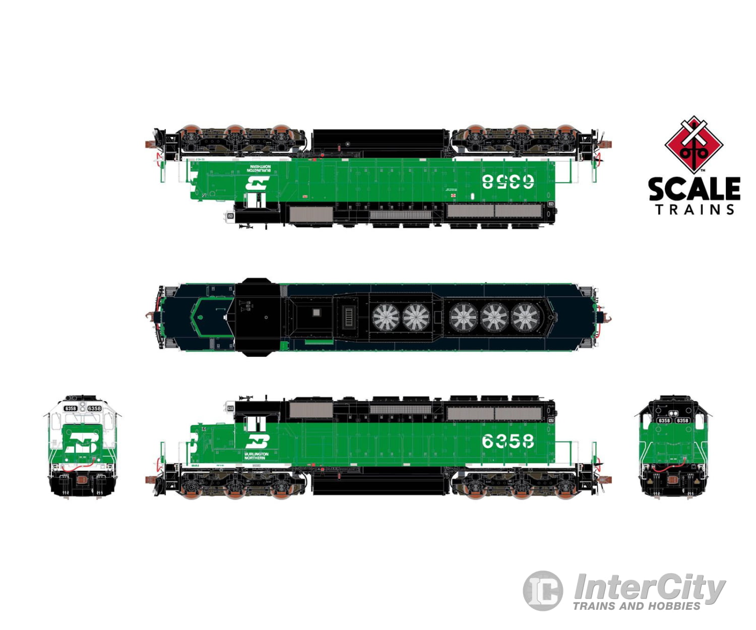 ScaleTrains SXT40760 Rivet Counter HO Scale EMD SD40-2 Burlington Northern/White Face/Strobe Lights 6358 - DCC Ready