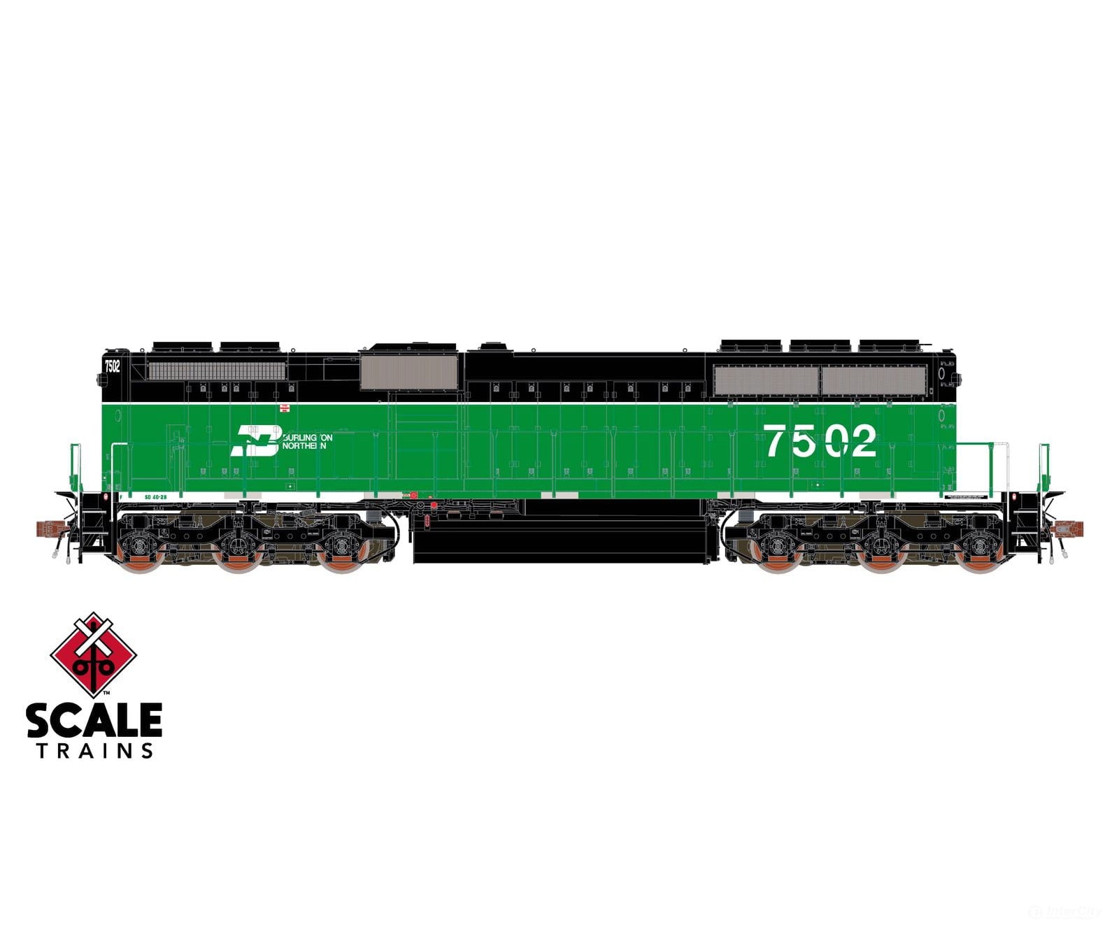 ScaleTrains SXT40763 Rivet Counter HO Scale EMD SD40-2B Burlington Northern/White Face 7502 DCC & Sound Equipped