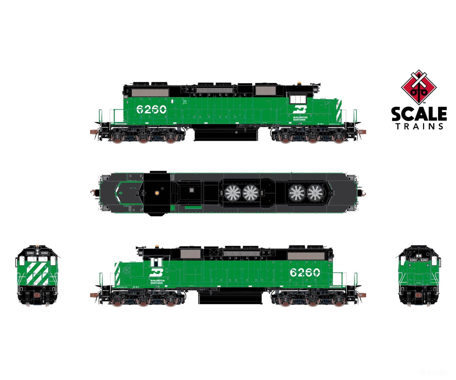 ScaleTrains SXT41228 Rivet Counter HO Scale EMD SD38-2 w/Dynamic Brakes Burlington Northern 6261 DCC & Sound Equipped