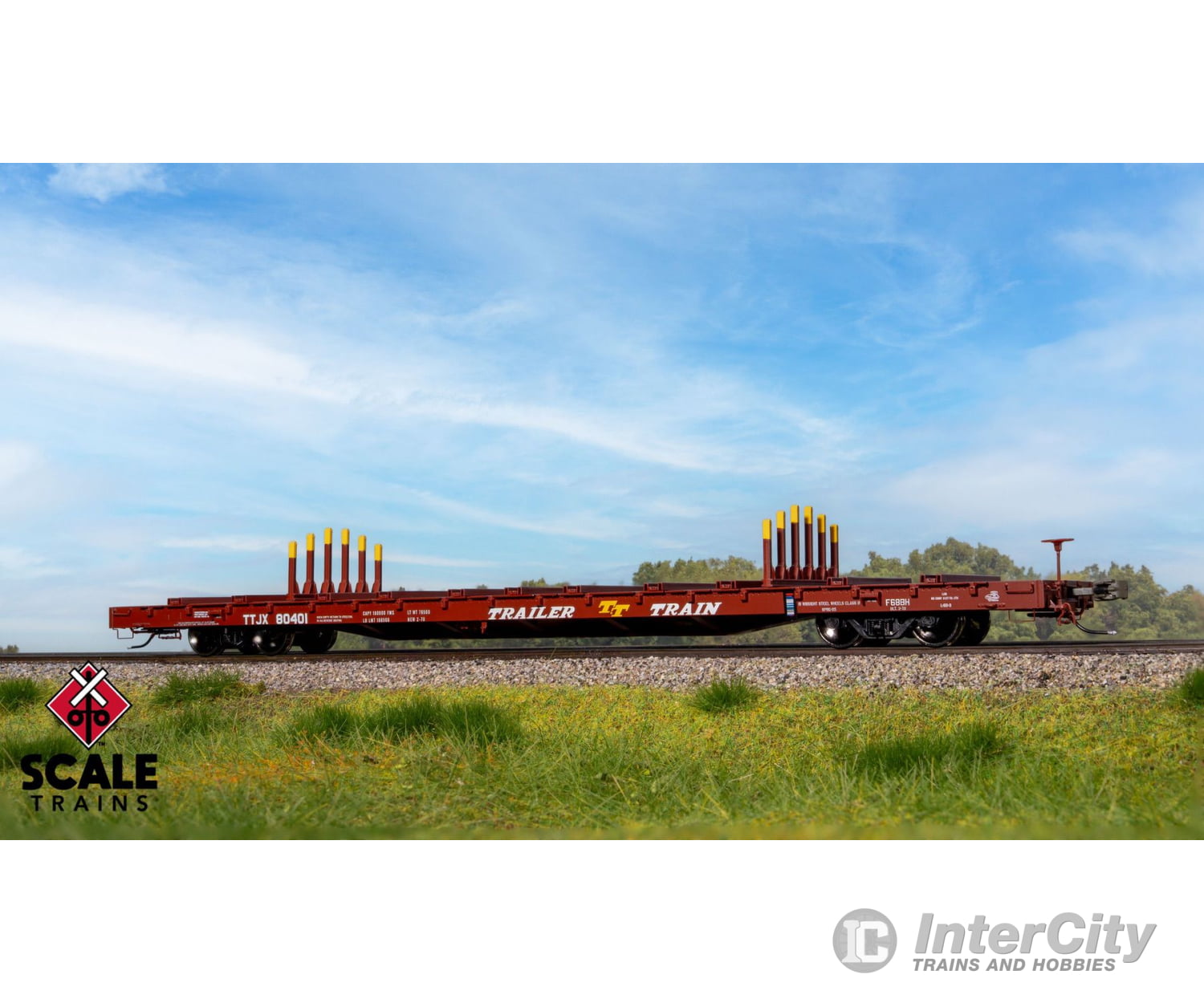 ScaleTrains SXT41744 Rivet Counter HO Scale BSC F68BH Finger Rack Flatcar Trailer Train/Oxide Red/As Delivered/TTJX