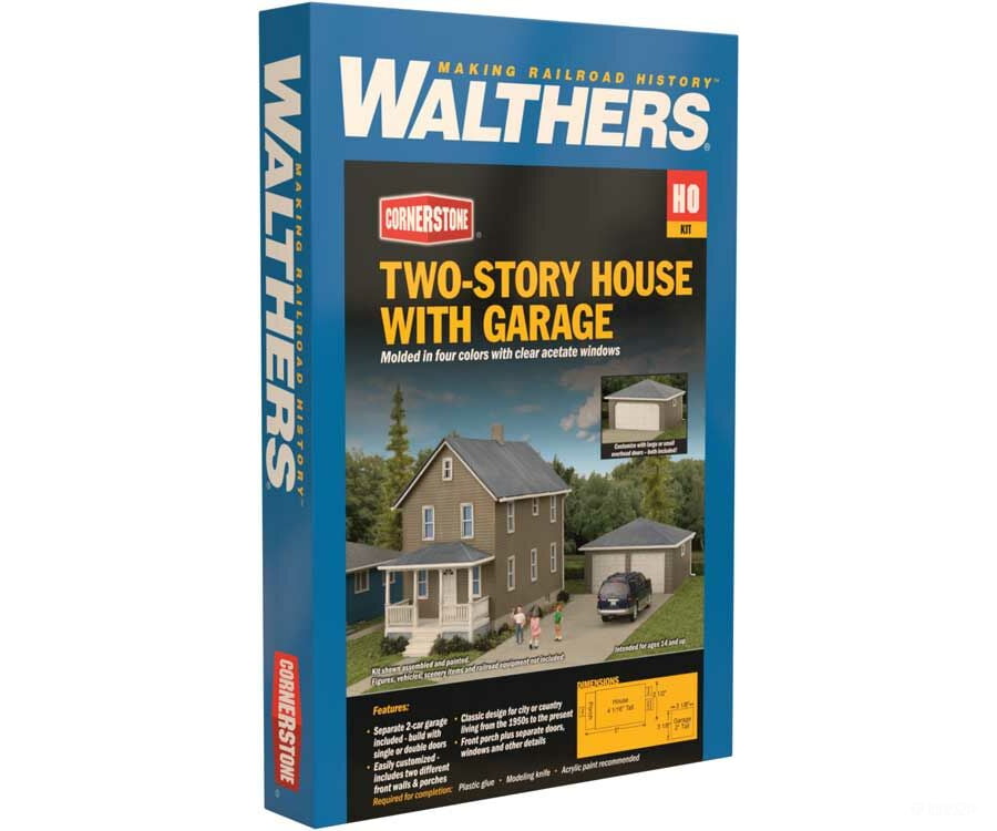 Walthers Cornerstone 3792 Two-Story House With Garage -- Kit - 5 X 2-1/2 4-1/16 12.7 6.3 10.3Cm