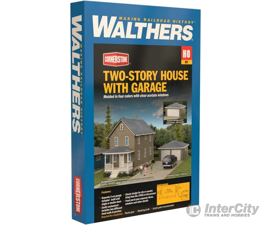 Walthers Cornerstone 3792 Two-Story House With Garage -- Kit - 5 X 2-1/2 4-1/16 12.7 6.3 10.3Cm