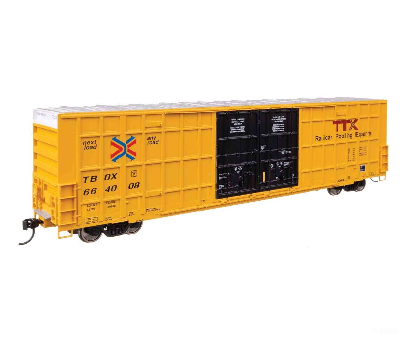 Walthers HO 3113 60’ High Cube Plate F Horizontal Post Boxcar - TTX TBOX #664008 (yellow black Standard Lettering)