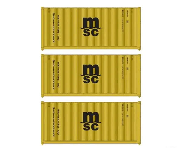 Walthers HO 949-18054 20’ Fully Corrugated Container - 3-Pack - Mediterranean Shipping Co. Freight Cars