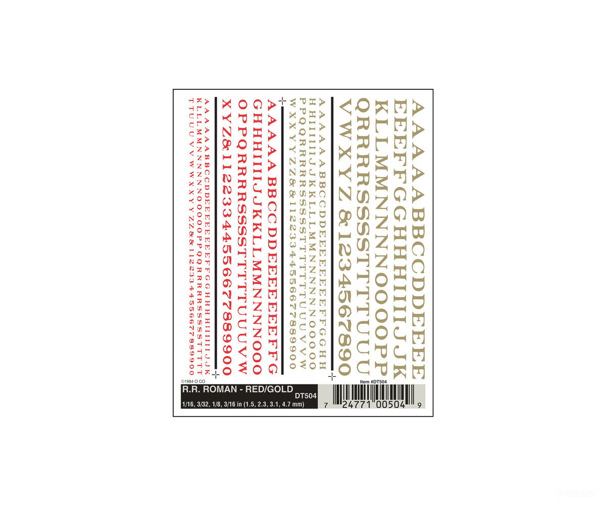 Woodland Scenics 504 Decal - Rr Roman Letters Red/Gold Decals