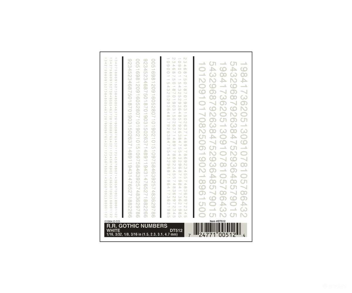Woodland Scenics 512 Decal - Rr Gothic Numbers White Detailing Decals