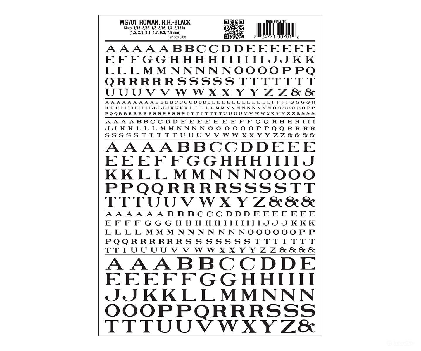 Woodland Scenics 701 Dry Transfer Alphabet - Railroad Roman 1/16 3/32 1/8 3/16 1/4 & 5/16’ - -