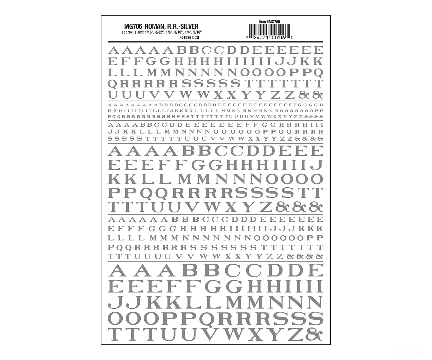 Woodland Scenics 706 Dry Transfer Alphabet - Railroad Roman 1/16 3/32 1/8 3/16 1/4 & 5/16’ - -