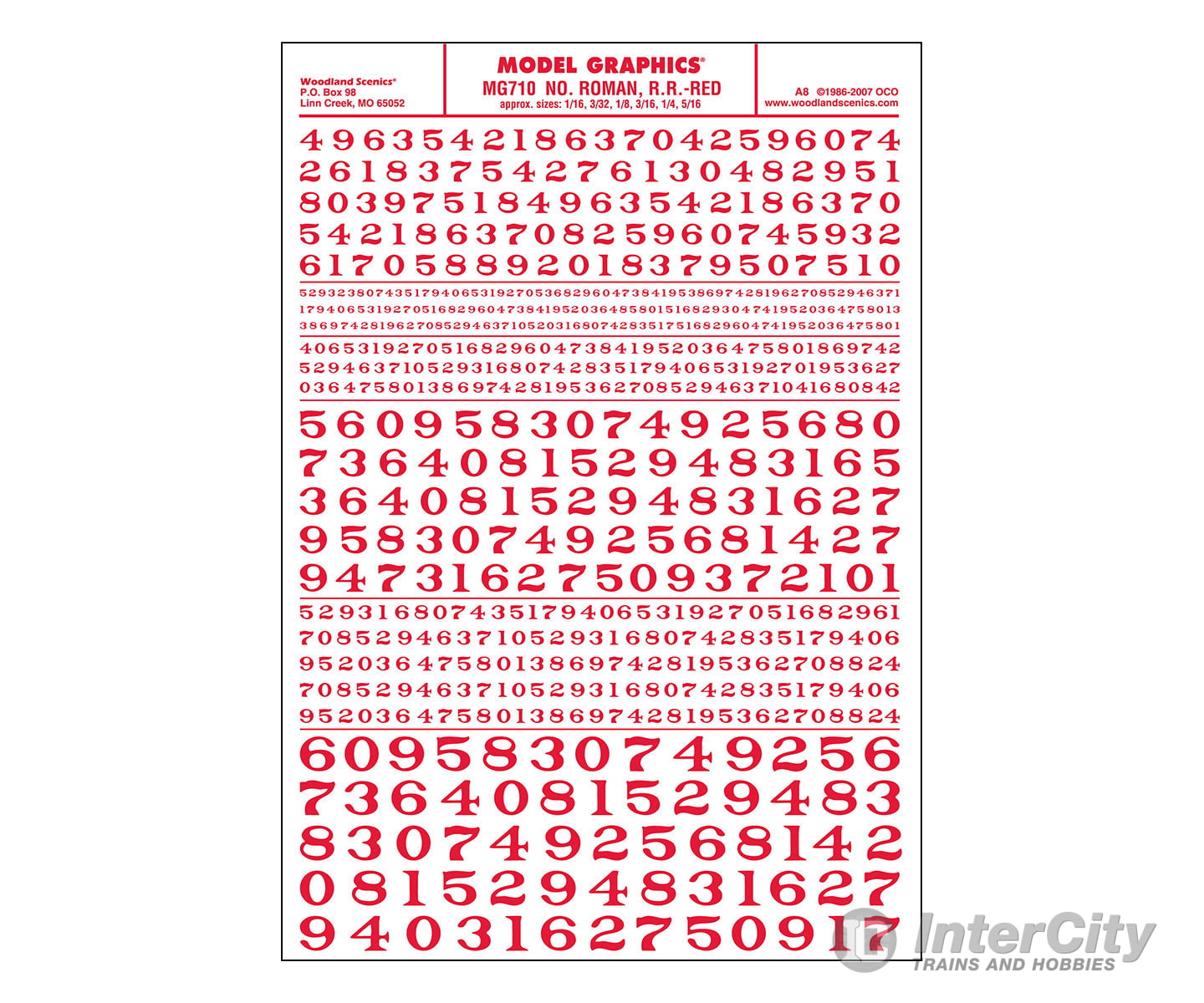 Woodland Scenics 710 Dry Transfer Numbers - Railroad Roman 1/16 3/32 1/8 3/16 1/4 & 5/16’ - - Red