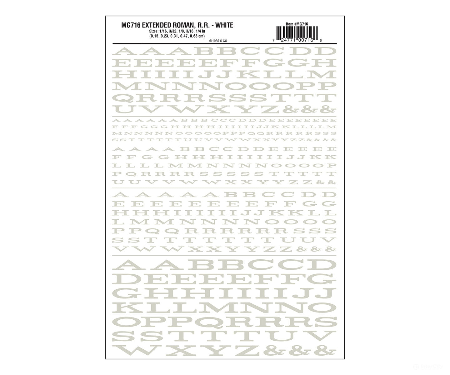 Woodland Scenics 716 Dry Transfer Alphabet & Numbers - Extended Railroad Roman - - White Decals