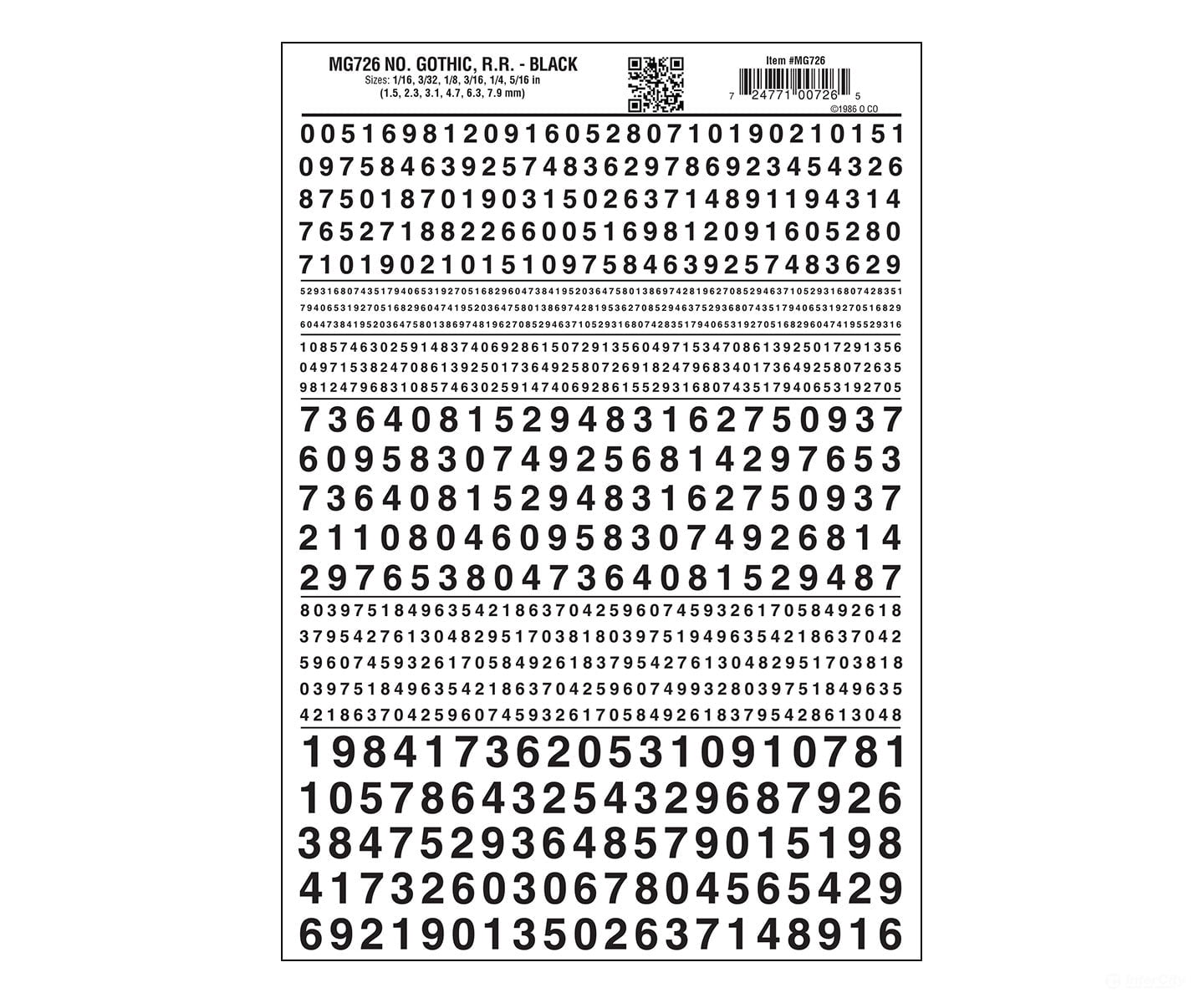 Woodland Scenics 726 Dry Transfer Numbers Only - Railroad Gothic - - Black Decals