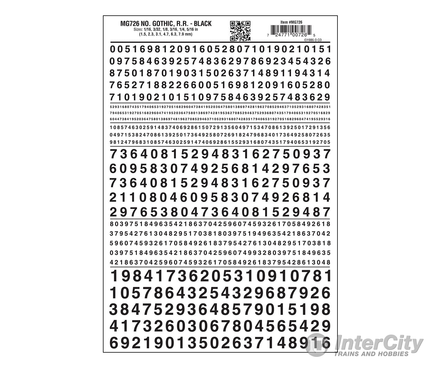 Woodland Scenics 726 Dry Transfer Numbers Only - Railroad Gothic - - Black Decals